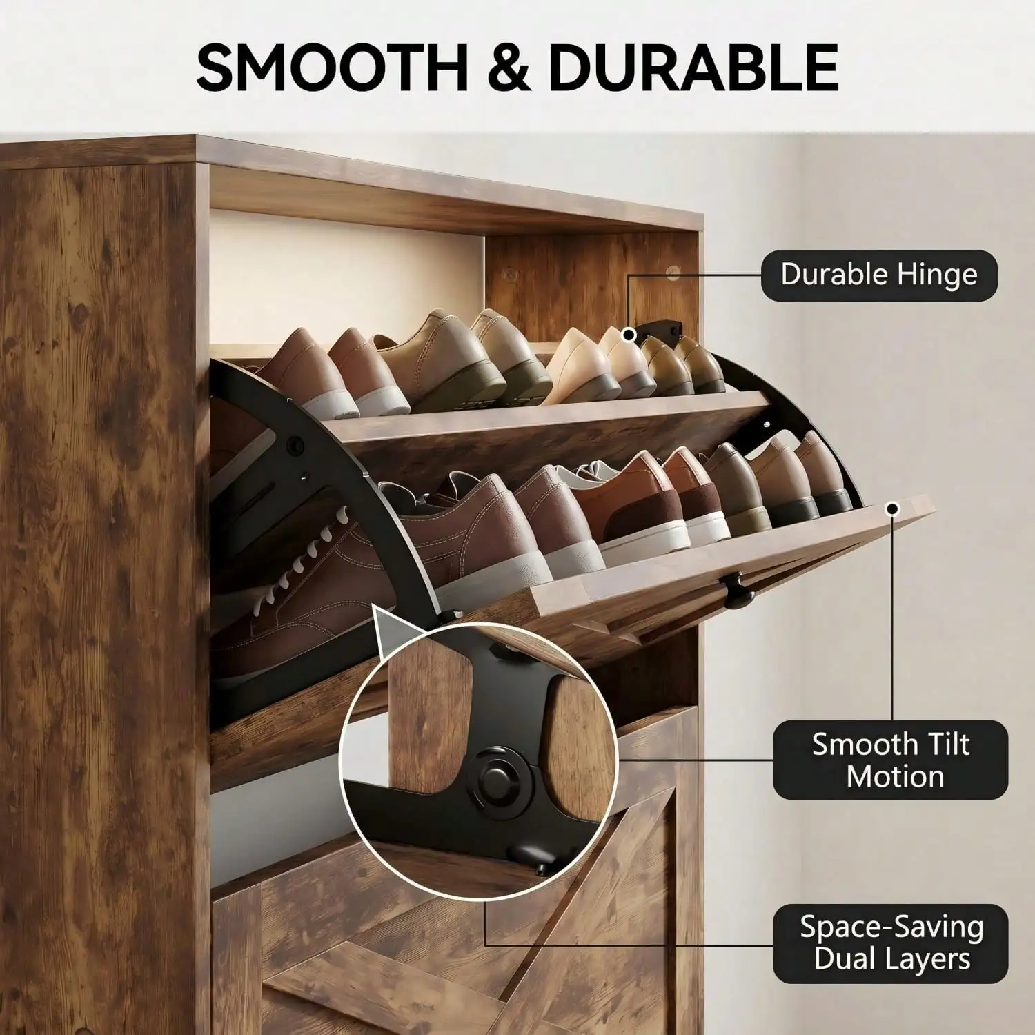 Narrow Slim Wooden Shoe Cabinet With 3 Flip Drawers, 3‑Tier Shoe Organizer For Entryway Home Apartment, Rustic Brown