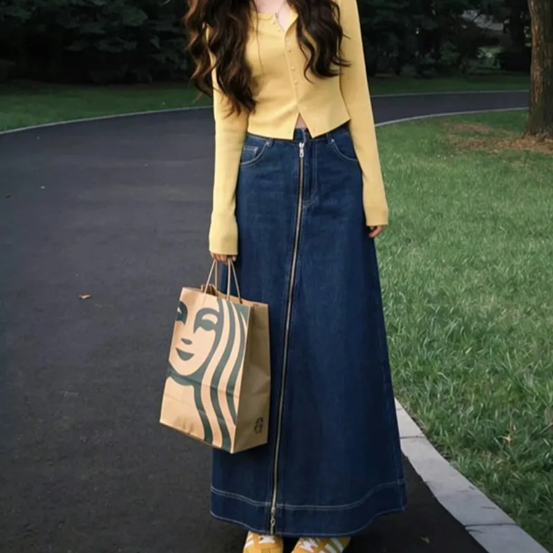 High Waist Denim Maxi Skirt Full Front Zipper A Line Long Jean Skirt Contrast Stitch Women Casual Streetwear Half Skirt 260701