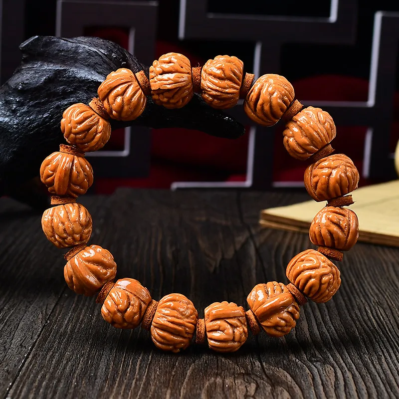 Chinese Style Lucky Dragon Pattern Peach Pit Bracelet Tibetan Style Good Fortune Blessing Wealth Beaded Bangle 14-15mm Multiple