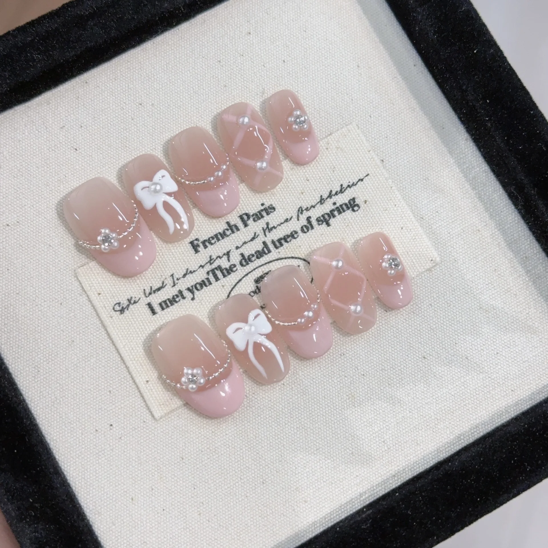 10 pezzi di balletto fatto a mano bianco francese rosa unghie finte bowknot perla stampa sulle unghie punte per unghie artificiali di mandorla