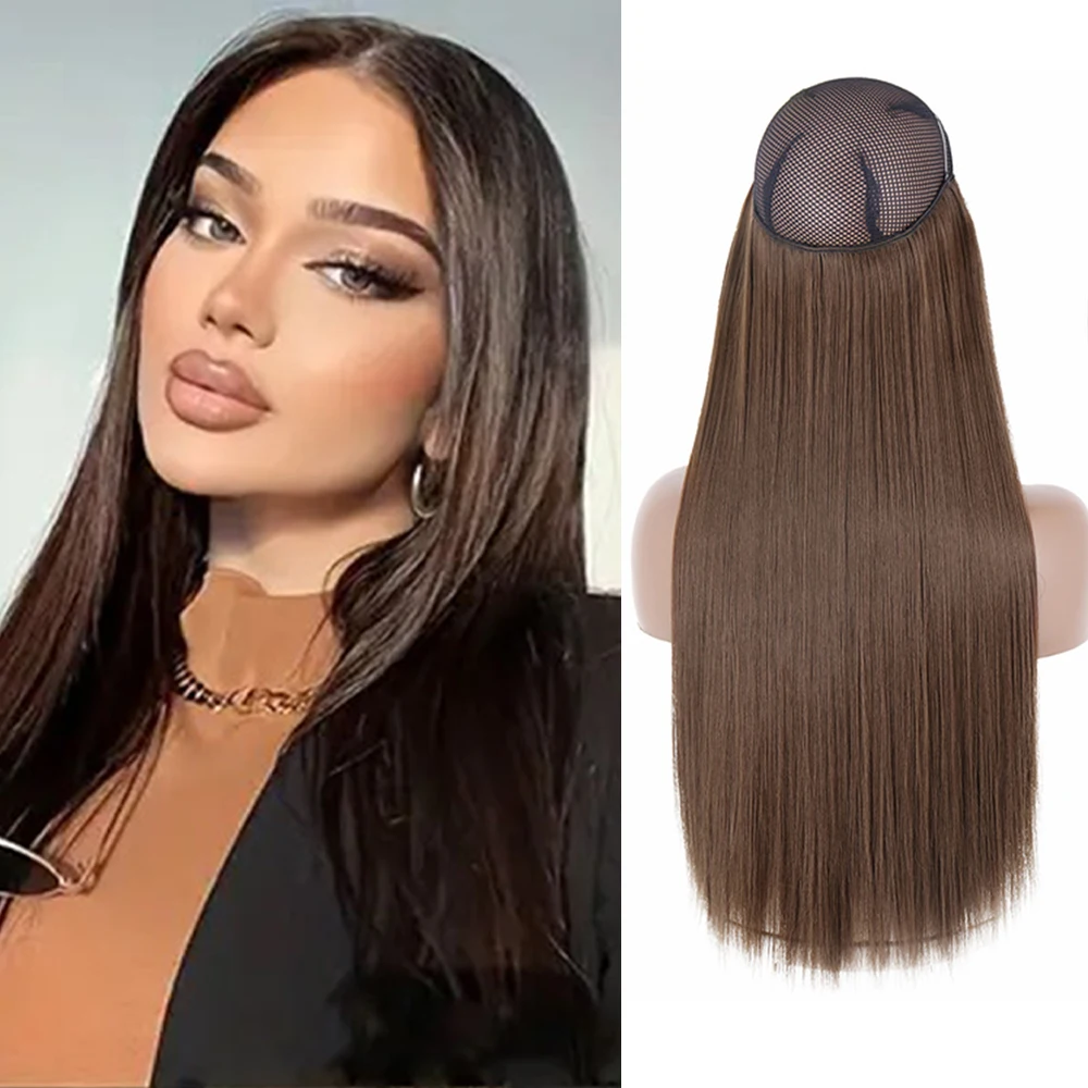 

Brown long straight hair without clip extension artificial invisible line female wig synthetic heat resistant material