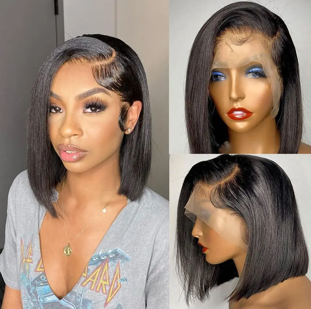 Short Bob Wig Human Hair 13x4 Transparent Lace Front Wigs 180% Brazilian Straight Bob Hair Wig for Blackl Women Natural Color image 5