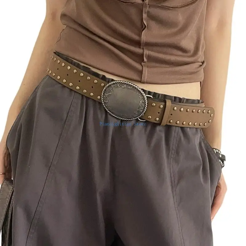 

652B Punk Rock Studded Leather Belt Engraving Unisex Waist Cowgirl Black