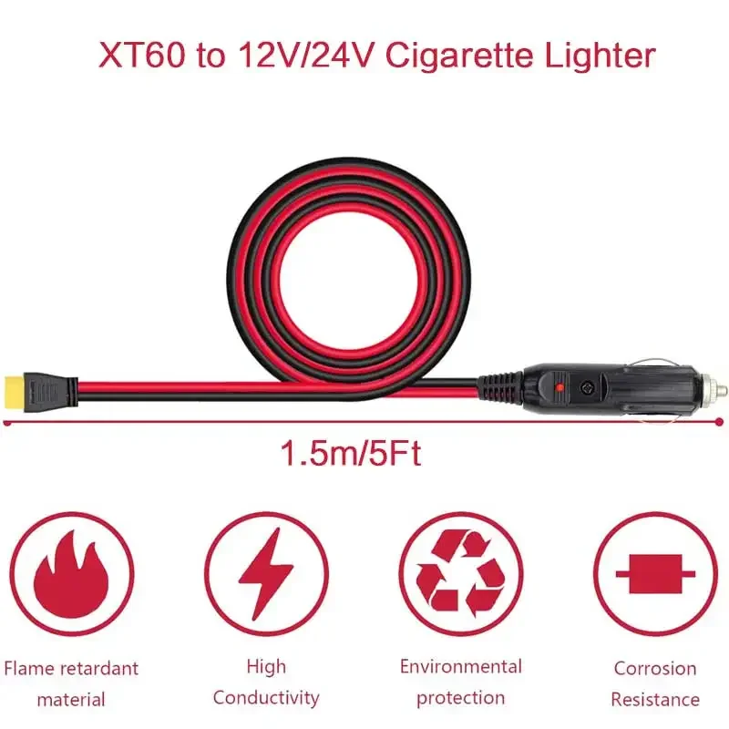 XT60 Female to Car Cigarette Lighter Plug 12V 24V Cable for ALLPOWERS R600 Bluetti EB55 Anker 757/767 Ecoflow Delta/River etc.