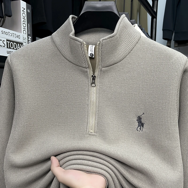 سترة بغطاء للرأس سميكة من القطيفة بسحاب نصف ارتفاع للرجال في الخريف والشتاء، سترة بغطاء للرأس بشعار حصان مطرز مضاد للبيلينغ