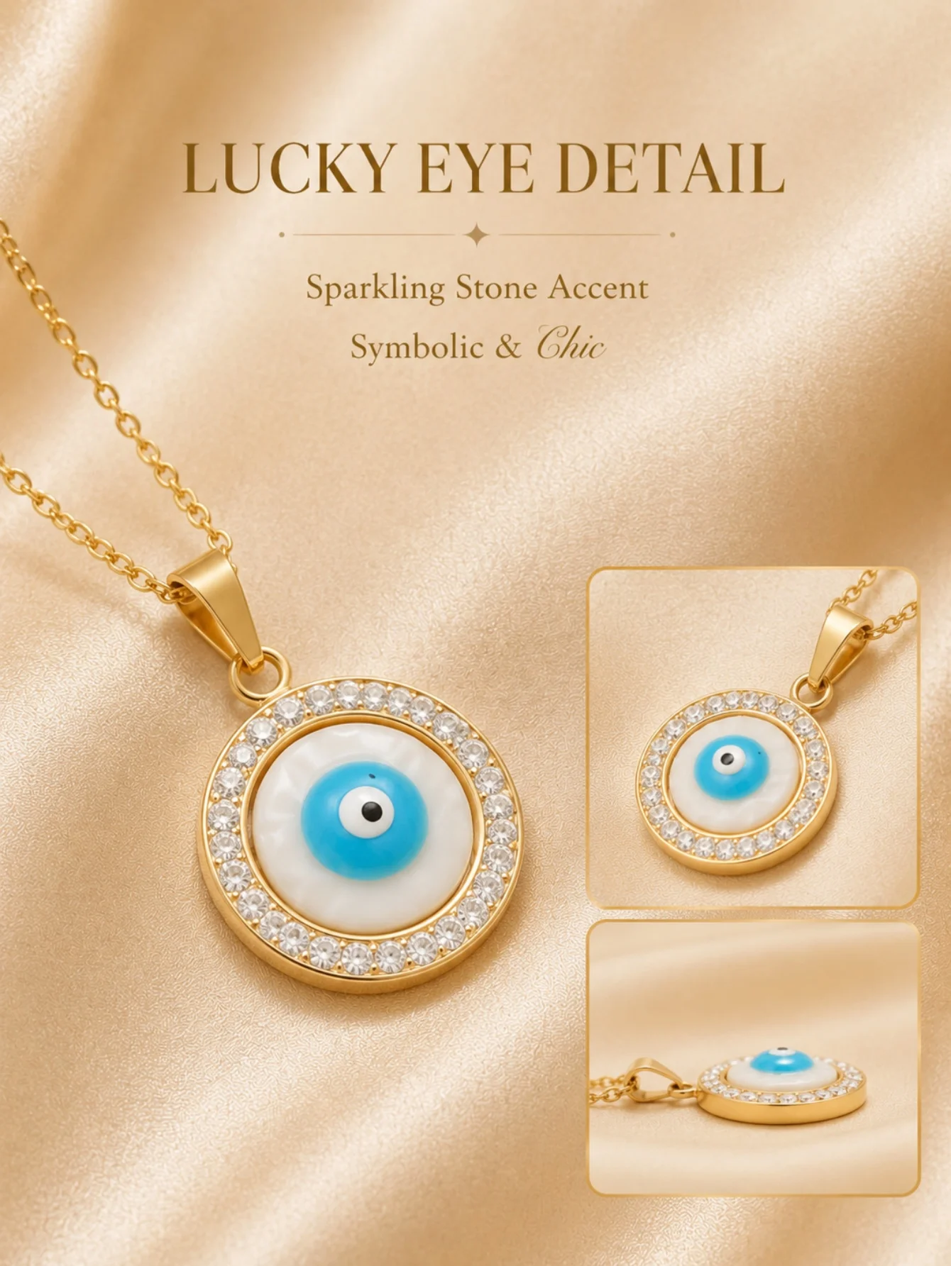 Gold Color Evil Eye Pendant Necklace Women Rhinestone Round Disc Charm Adjustable Chain Party Jewelry Gift
