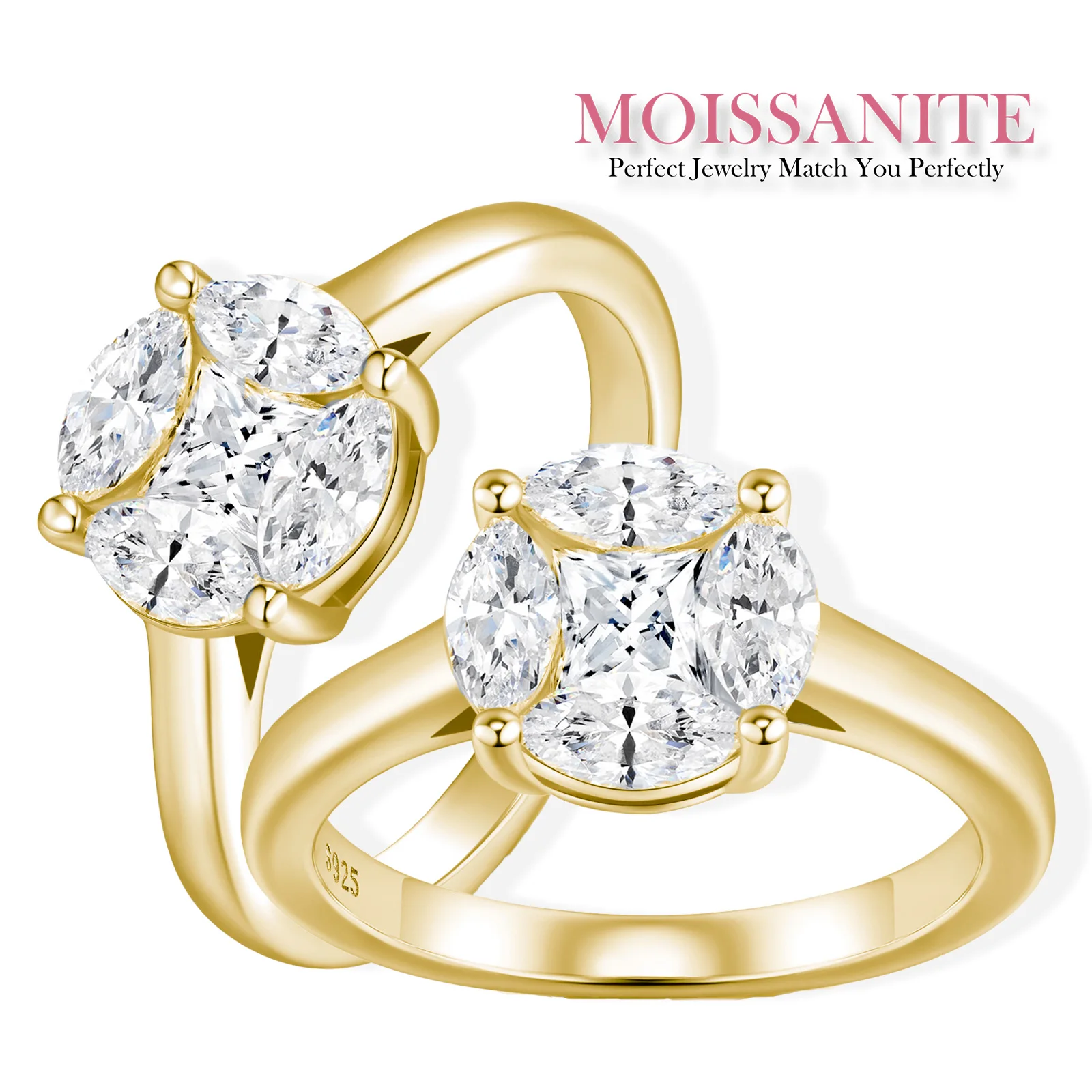 

1.6CTW Moissanite Ring 925 Sterling Silver 18K Gold Plated Oval and Marquise Cut Cluster Style Band Comes with GRA Certificate