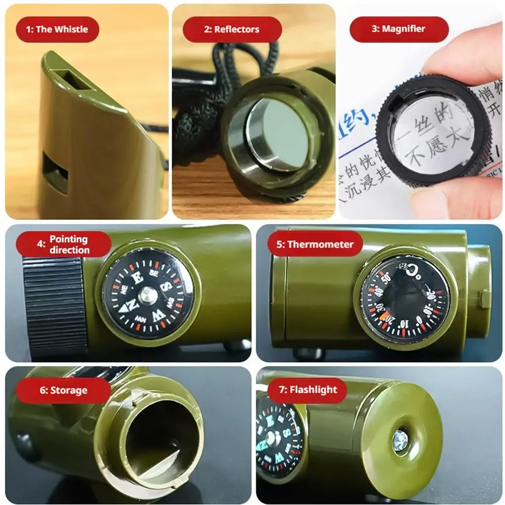 7 in 1 Jungle Survival Whistle Hiking Whistle Compass Mirror Flashlight Magnifier LED Light Thermometer Storage Compass Tool