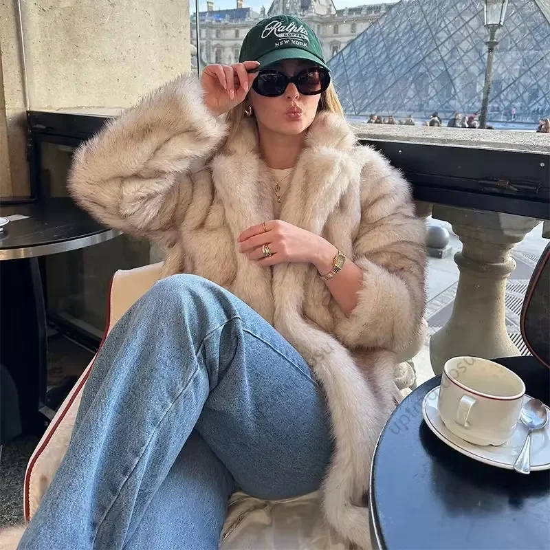 Winter übergroßes, lockeres, lässiges, weiches, verdicktes, warmes und umweltfreundliches Nachahmung von Fuchspelz für Damen mittellanges Reversfell