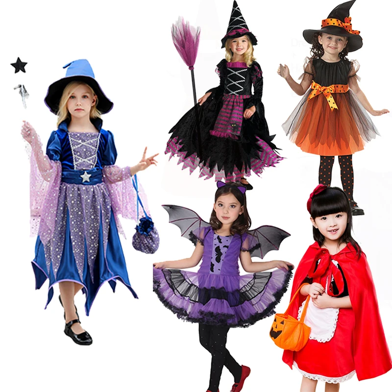 1-12Yrs Halloween Costume for Kids 2024 Girls Pumpkin Witch Vampire Cosplay Fancy Dress Children Carnival Party Cape Dresses Set