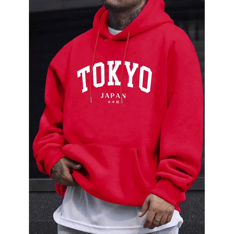 Men's Tokyo Japan Style Letter Creative Print Hoodie Autumn Winter Long Sleeved Sweatshirt Casual Comfortable Street Clothing