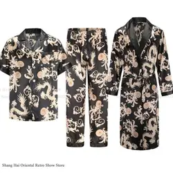 PLUS SIZE Ice Silk Robe Male Casual Home Clothes Print Shirt&pants Summer Autumn Bathrobe with Pocket Loose Nightwear Loungewear