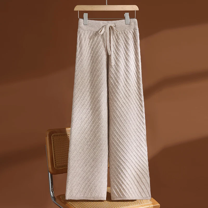 35% Cashmere & 65% Wool! Women's Thickened Elastic - Waist Diagonal - Striped Wide - Leg Pants, Warm & Leg - Lengthening