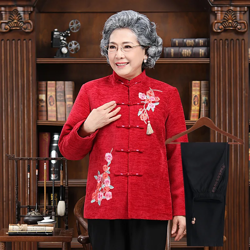 Chinese New Year Elderly Tang Suit Top Exquisite Embroidered Handmade Buckle Jackets Coat Shirts Traditional Oriental Clothing