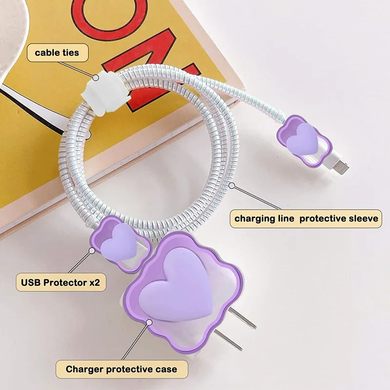 Charger Protector Cable Organiser for iPhone 14 13 12 Pro Max 18W 20W 3D Heart Type C Data Cable Management Cord Winder Kit