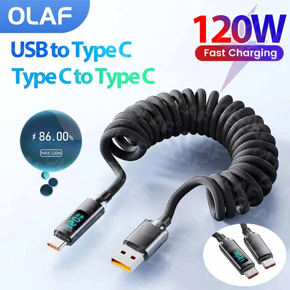 120W USB Type C Fast Charging Spring Cable LED Digital Display Retractable Dual USB C Data Cable For iPhone 15 16 Samsung Xiaomi