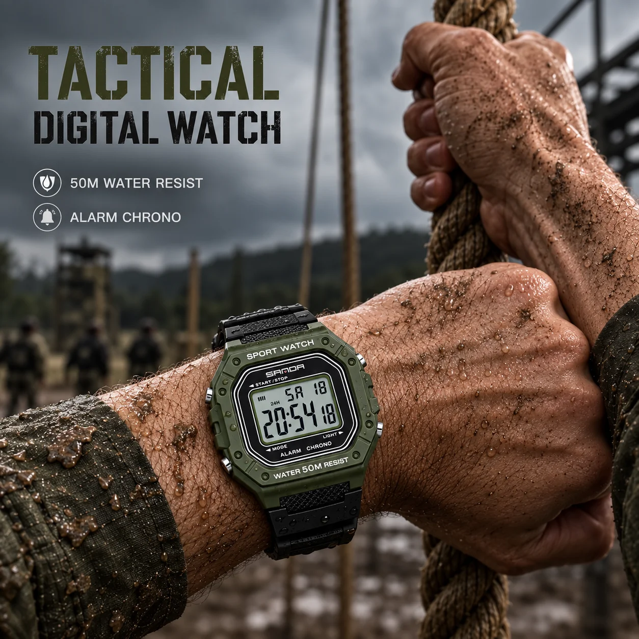 Men's Digital Sports Watch Waterproof Outdoor Tactical Wristwatch with Stopwatch Alarm Timer Multi Function Electronic Watch