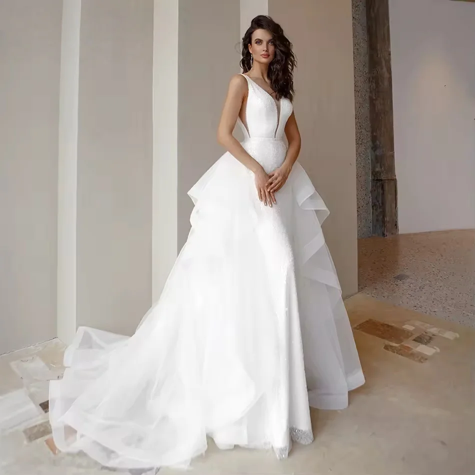 

Backless Wedding Dresses A-line V-neck Tulle Ruffled Boho Bridal Gown Arabic Dubai Islamic Vestido De Noiva Customized