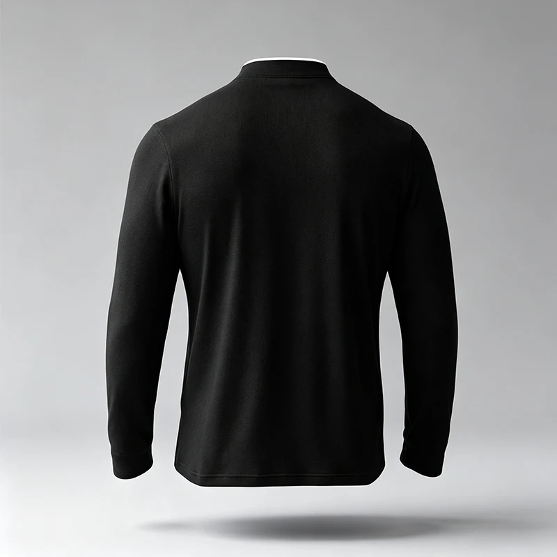 Herren-Bluse mit Stehkragen, halbem Reißverschluss und langen Ärmeln, aus glattem, dehnbarem, atmungsaktivem Stoff, vielseitig einsetzbar für das Büro, ein Basic-Bluse für den Herbst. – Detail 6