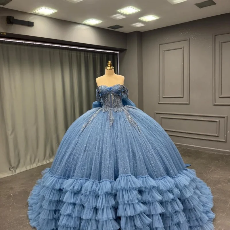 

Customized Shiny Blue Quinceanera Dresses Off the Shoulder crystal decal Bow Lace layering Long tail Vestido 15 Quinceanera