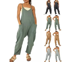 Summer Women's Casual Fashion Solid Color Suspender Pocket Jumpsuit One-piece Pants Model Back Pants Pocket Suspender Jumpsuit