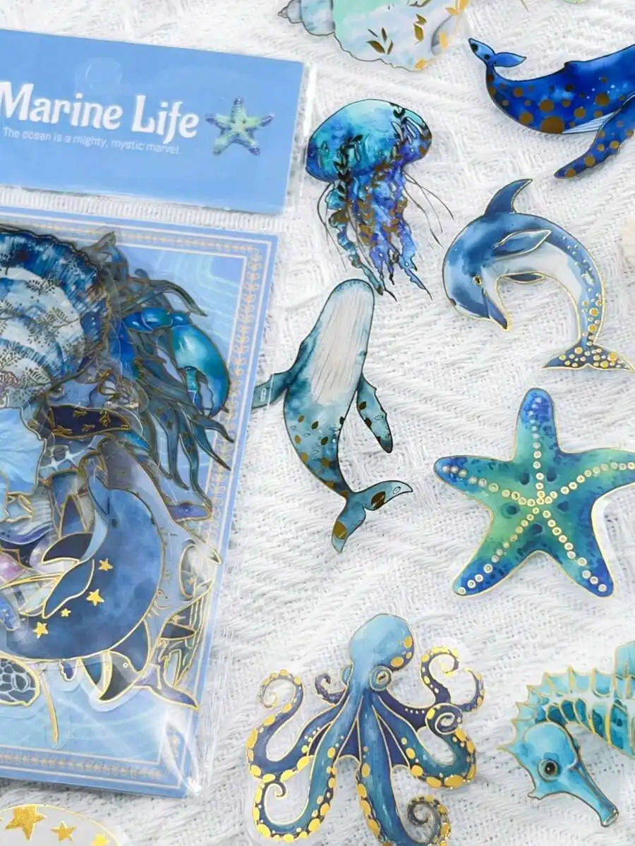 50 pegatinas transparentes de animales marinos, pegatinas estéticas azules, pegatinas marinas, suministros para manualidades, pegatinas de vinilo PET