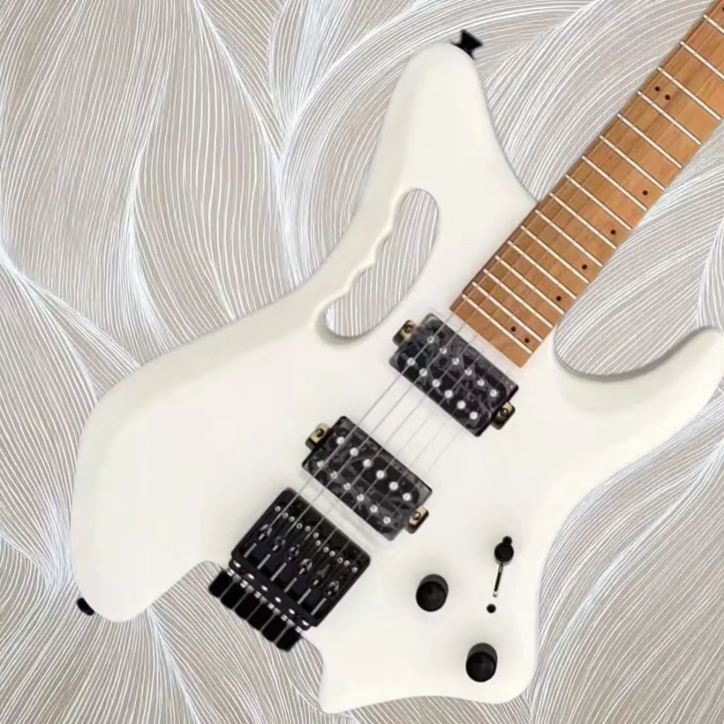

High-quality custom-shaped white headless electric guitar, rosewood fingerboard, black hardware, HH black pickups