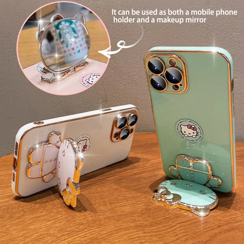 

Luxury Plating Hello Kitty Bracket Phone CaseFor iPhone 16 15 14 13 12 11 Pro Max Anti-fall Shockproof Vanity Mirror Rack Soft C