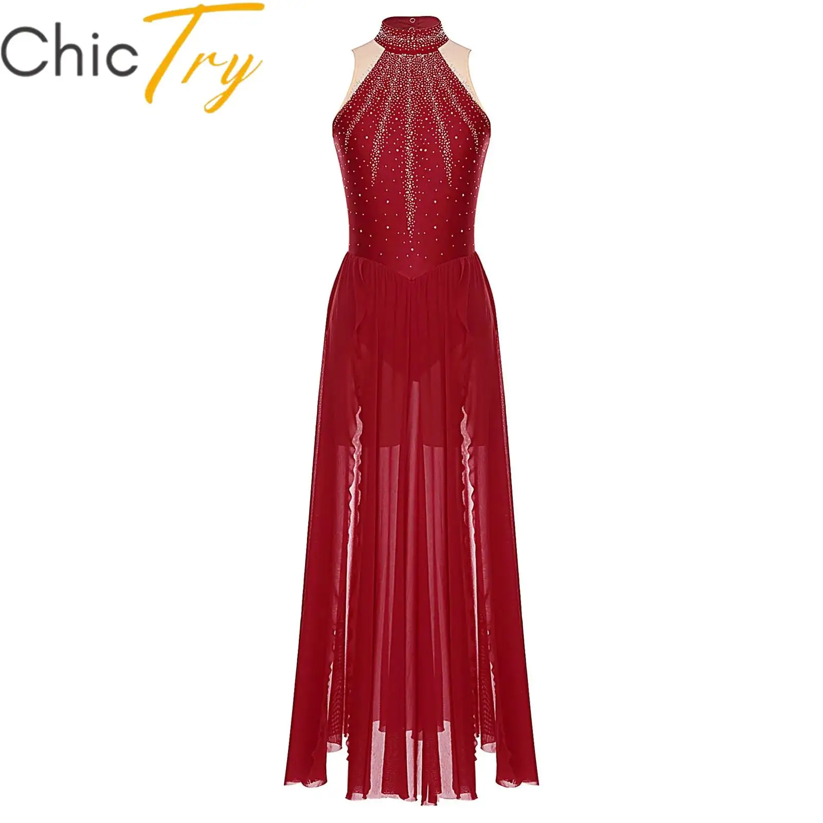 

Womens Lyrical Dance Dress Modern Contemporary Performance Costume Rhinestones Split Maxi Dress Figure Ice Skating Dancewear