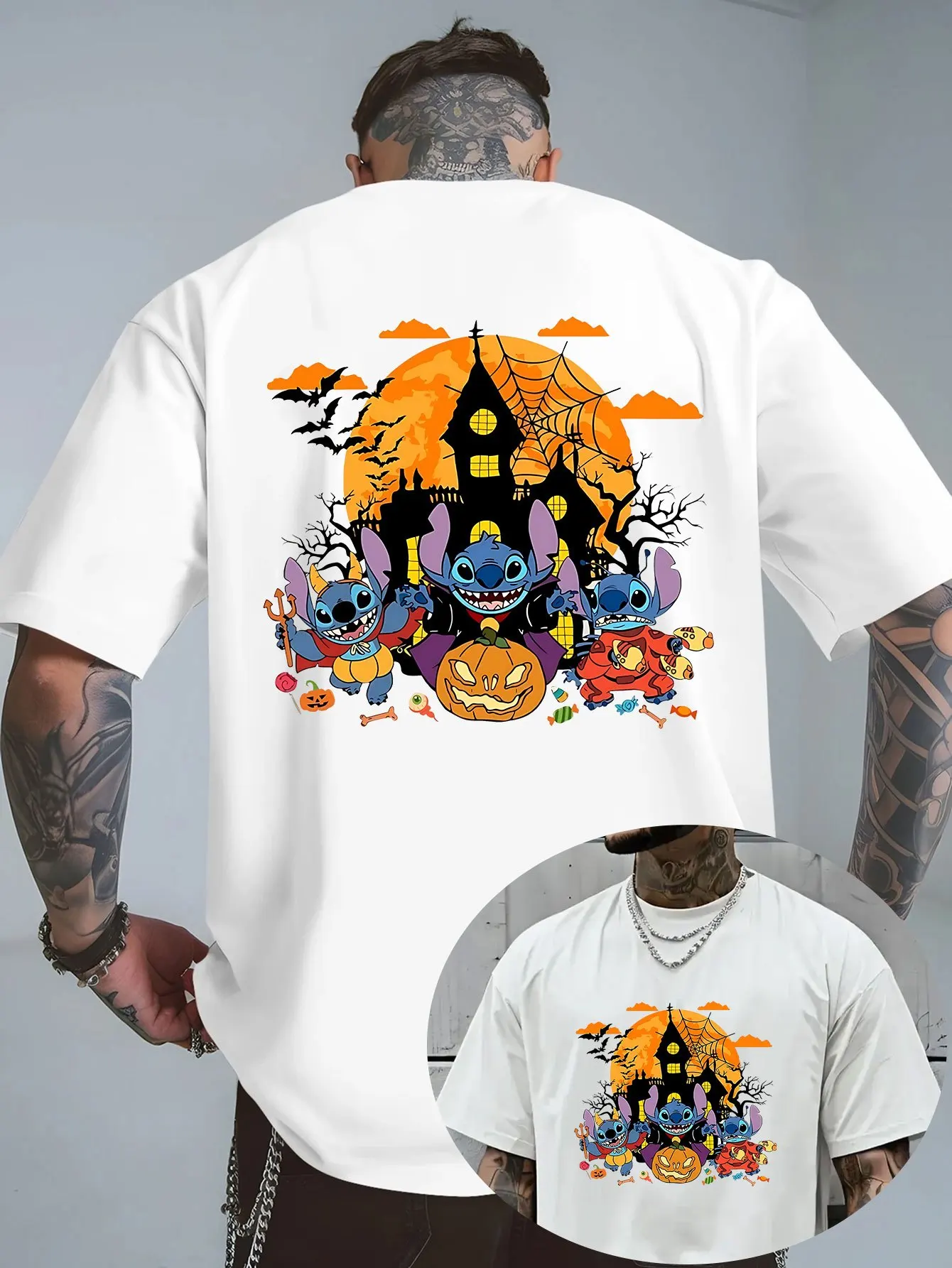 

Disney Stitch Halloween Printed T-Shirt Men's Fashion Trend Top Men's and Women's All Seasons Cotton Crew Neck Short Sleeves