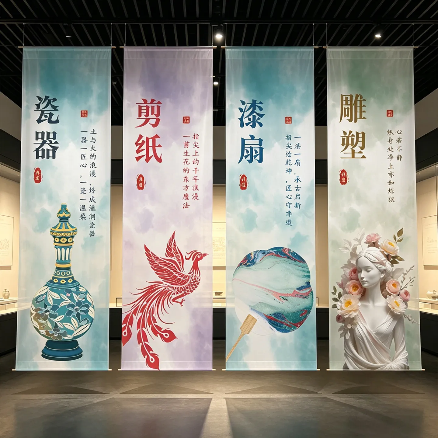 Asian Zen Room Divider – Large Scale Cultural Heritage Gauze Banner, Wabi Sabi Sheer Curtain for Art Gallery, Museum Display