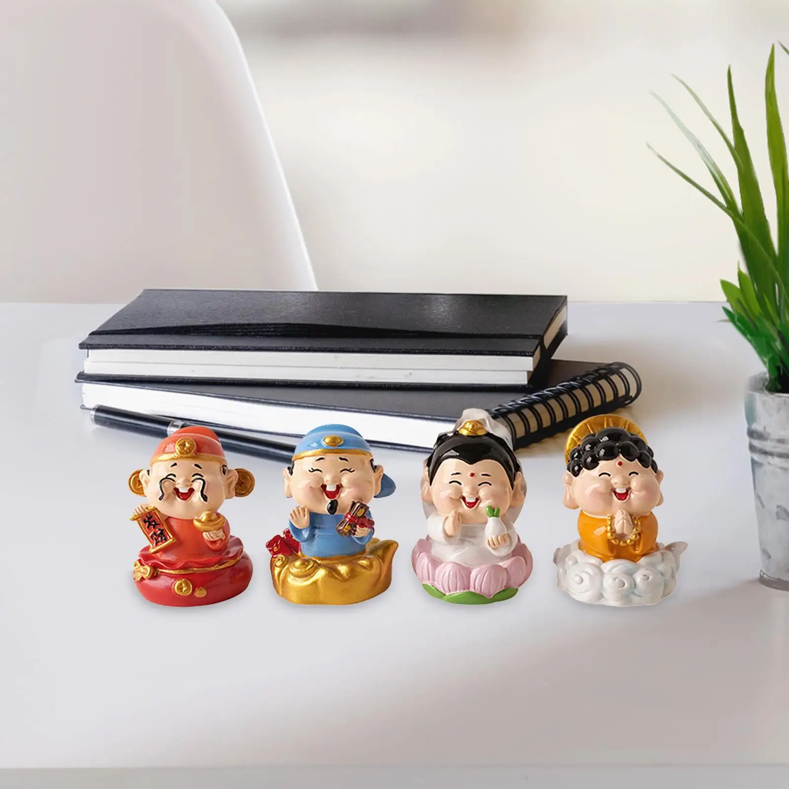 4Pcs Mini Cai Shen Statue Collectible Figurines Feng Shui Bedroom Gift Home Decor Resin Office Indoor Decorative Sculpture