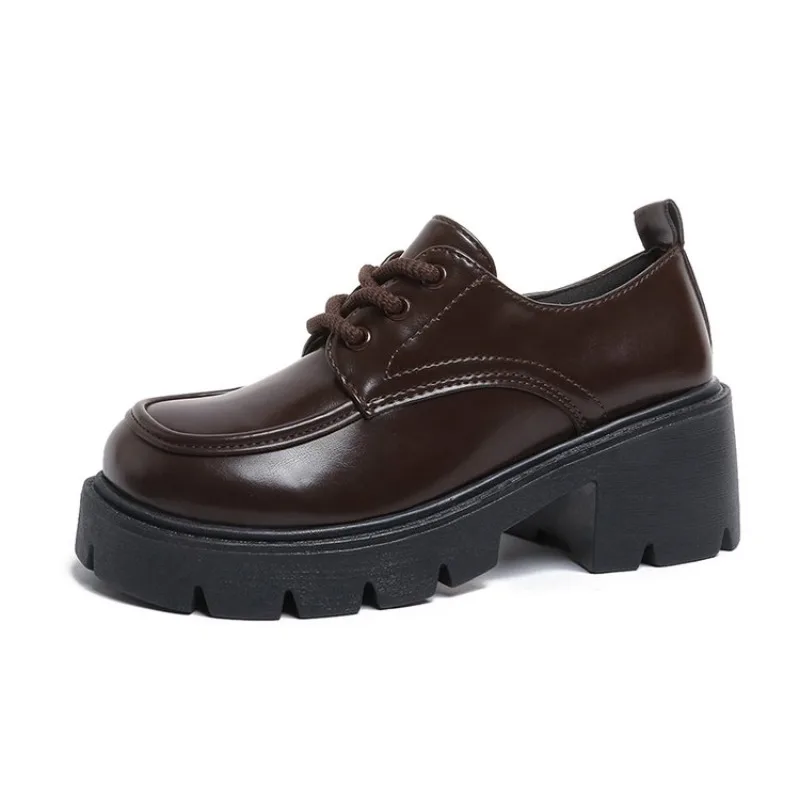 2026 New British Style Lace-upTop Cowhide Full  Shoes Women's Non-slip Thick Sole Heighten Shoes High Heels