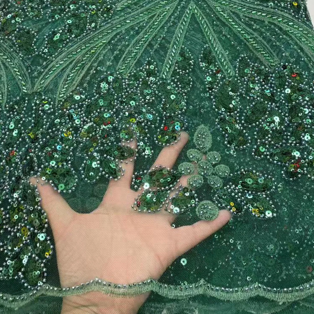 

French Tulle Heavy Bead Lace Fabric African Peacock Design Sequin Stones Embroidered Nigerian Wedding Party Evening Dress Sewing