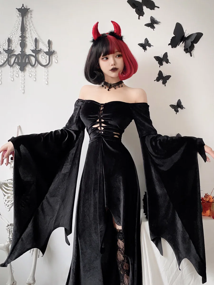 Готический темный стиль костюм на Хэллоуин женское длинное платье ведьмы вампир Бог смерти черное платье для женщин косплей праздничная одежда