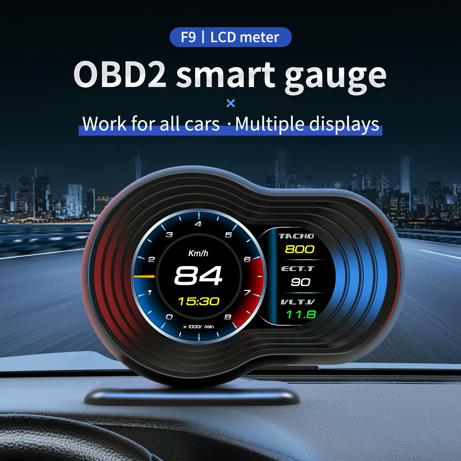 F9 Multi-Languages OBD2 3-inch LED Car Gauge Speedometer HUD with Over Speed Alarm Type-C Connection Universal Fitment