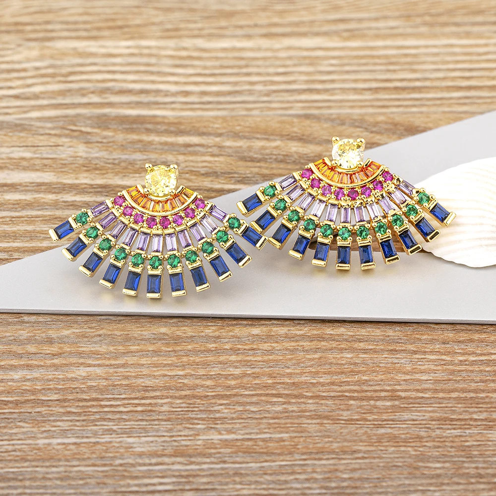 Nidin Classic Design Bohemian Retro Fashion Geometric Pattern Multi-Layer Ethnic Style Peacock Tail-Shaped Stud Earrings Jewelry