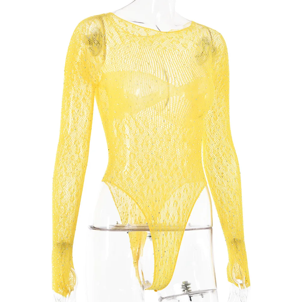 Damen Slim Fit Transparenter Langarm-Romper, Glänzender Strass-T-Shirt-Bodysuit, Party-Club-Overall mit Ausschnitten – Detail 3