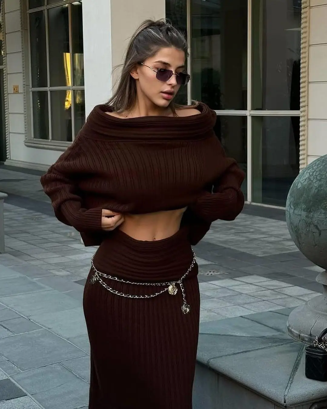 DSMTRC Commuting Autumn Women's Skirt Sets Elegant Gray/White Knitted Skirt Suits One Shoulder Sweater Top Long Skirt Tracksuits