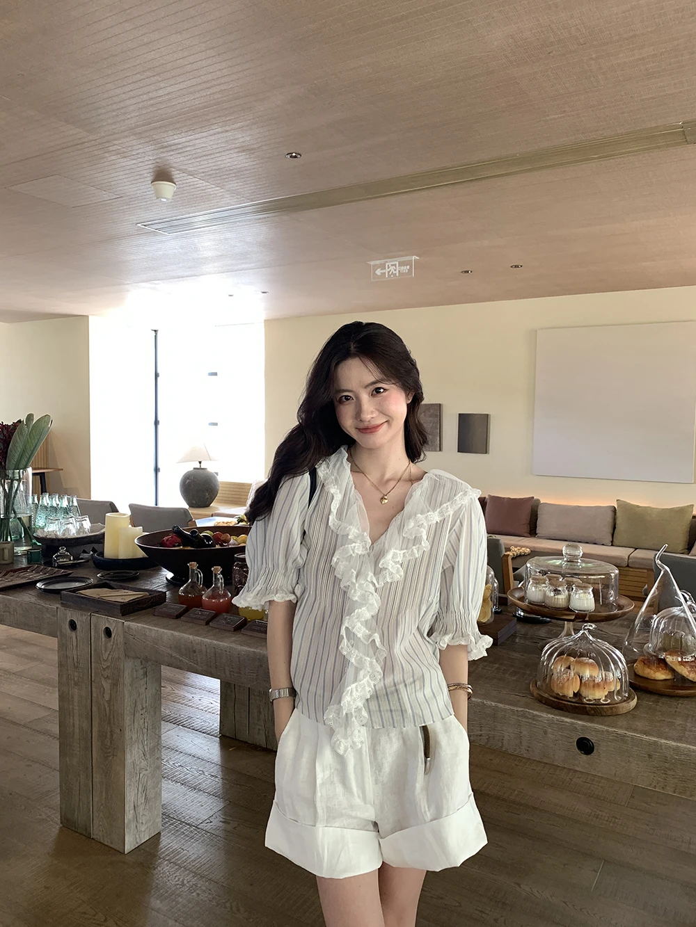 

Toroon Summer Thin Bubble Sleeve Striped Shirt Women's Top French Style Loose Fit Cotton V Neck Short Sleeve Breathable Skin ...