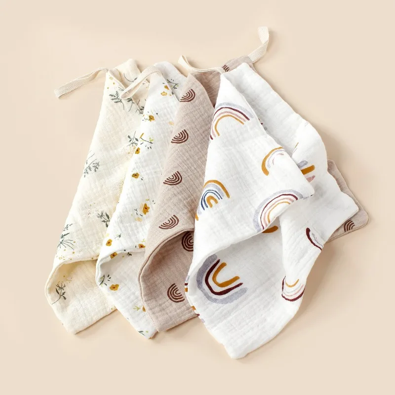 Reusable 4 Layers Gauze Cotton Square Towel  Animal Floral Design Soft Absorbent Multi‑Functional Portable Hanging Hand Towel