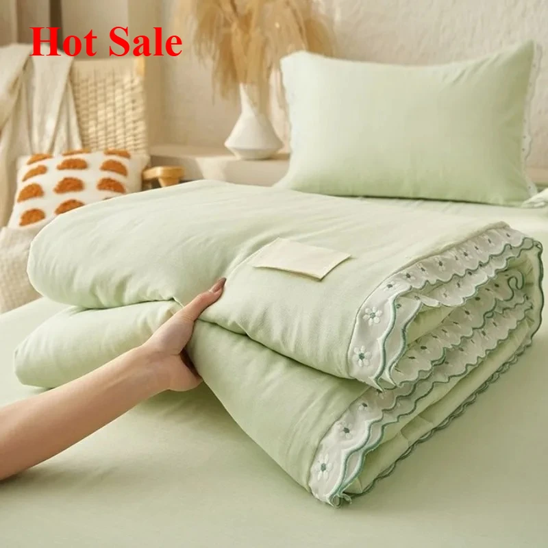 Version A daisy washed cotton lace soybean summer cool quilt sheet pillowcase set four-piece set for summer