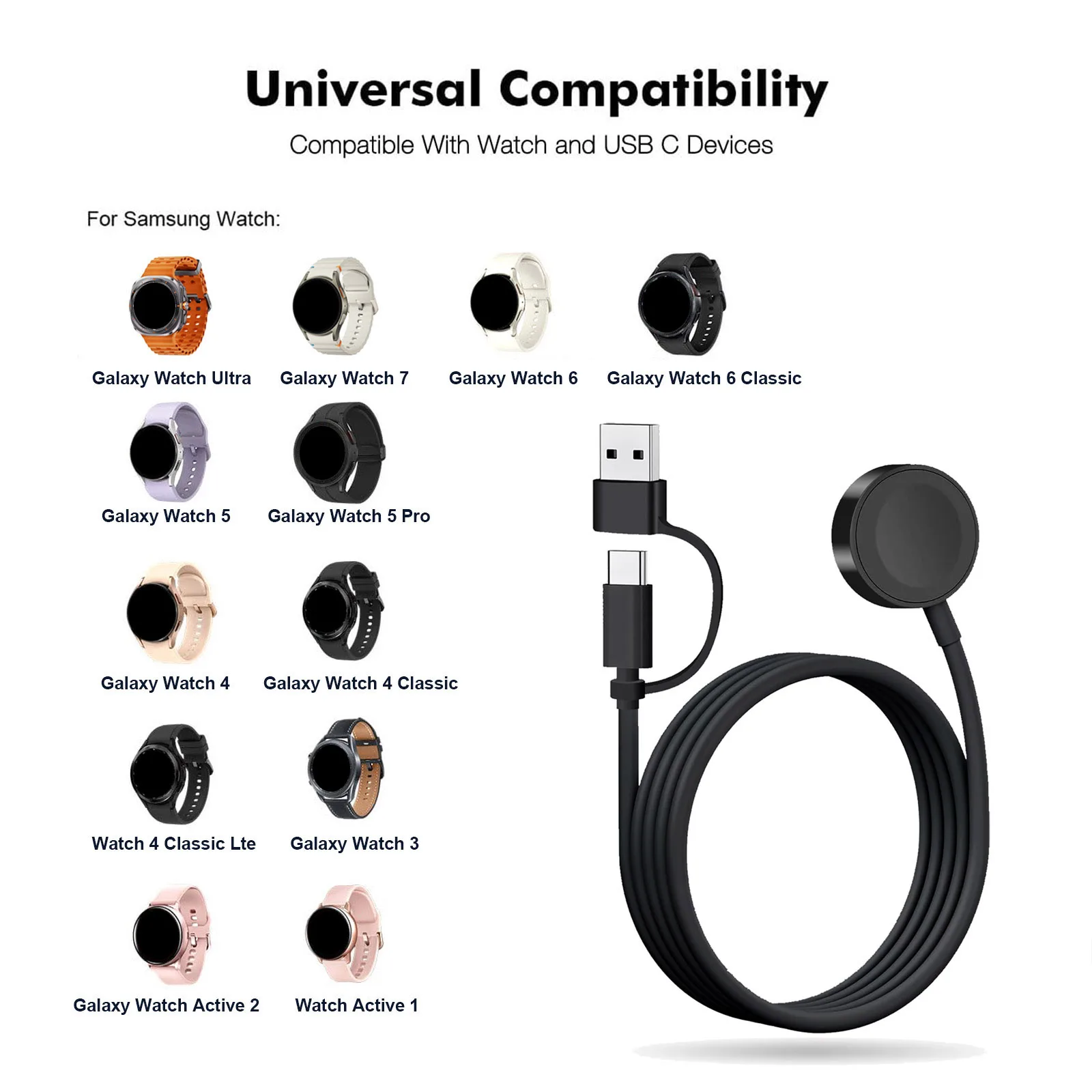 Fast Wireless USB Charging Cable Cord Stand Dock Charger Adapter For Samsung Galaxy Watch 7 6 Watch 5 Pro Watch 5 4 3