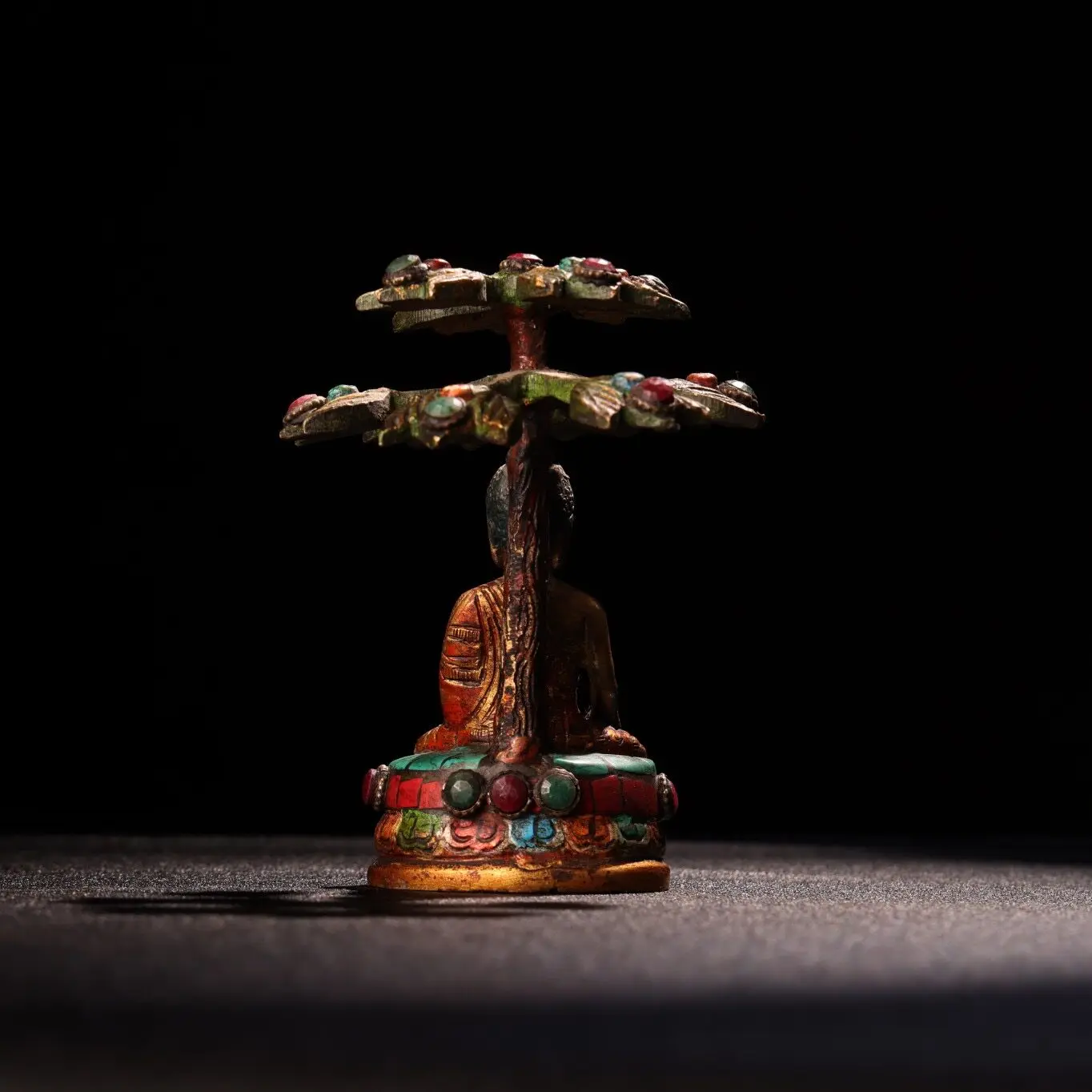 Nepal Pure Copper Shakyamuni Buddha Seated Under Bodhi Tree Gem Inlaid Painted Home Altar Statue