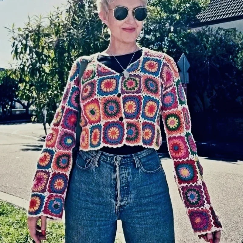 Boho Hippie Handmade Floral Knitted Cropped Sweater Women Tops Pull Vintage Ethnic Crochet Jackets Hollow Out Outwear Jumper