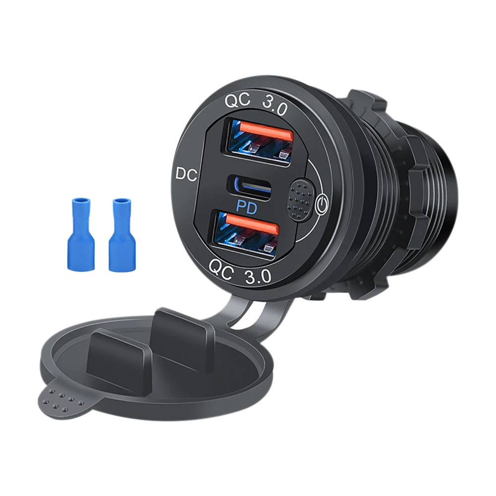 12V/24V Triple Aluminum Metal 60W USB-C Multiple Car Charger Socket PD3.0 & Two QC3.0 Ports with Touch Switch Fast Car Adapter