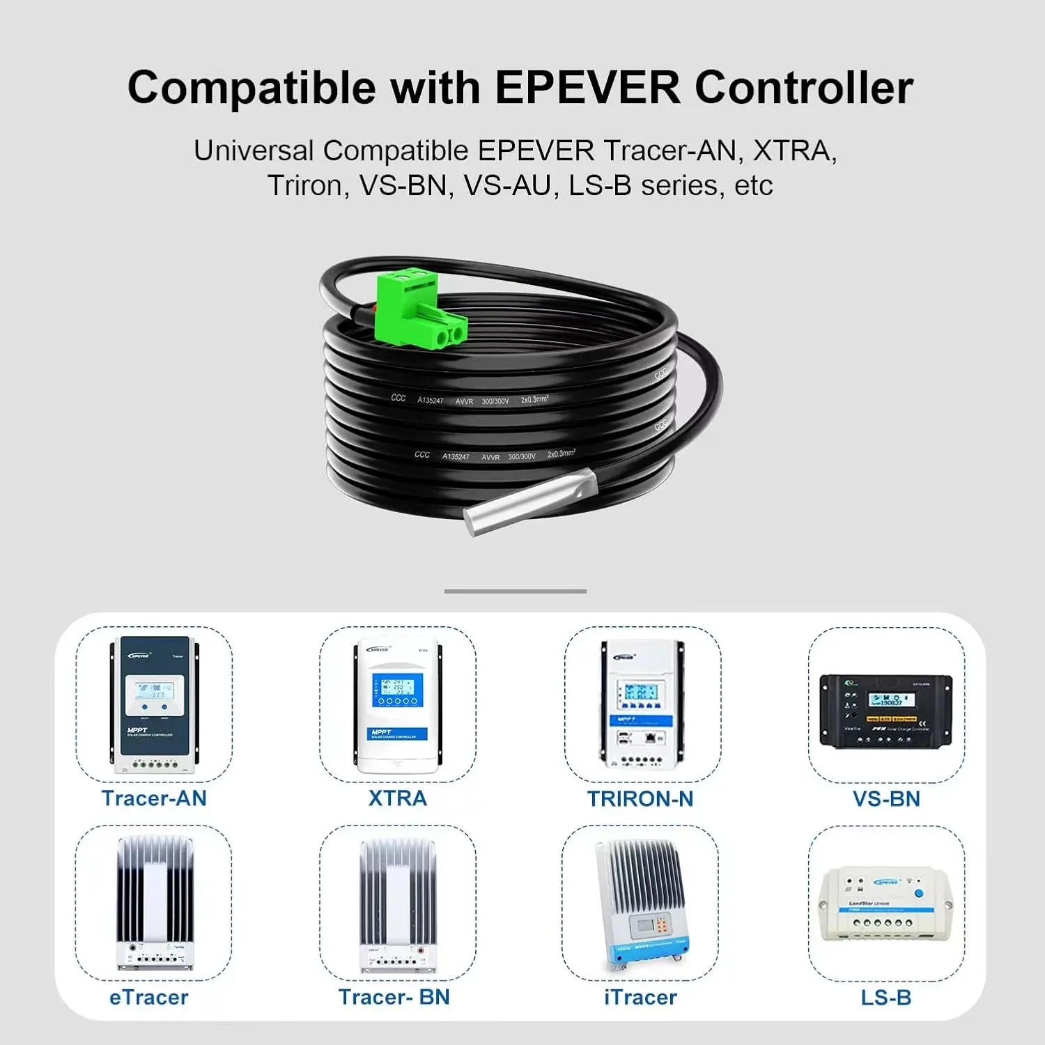 EPEVER Battery Temperature Sensor Cable Fit for MPPT Solar Charge Controller with 3.81/2P Connector RTS300R47K3.81A