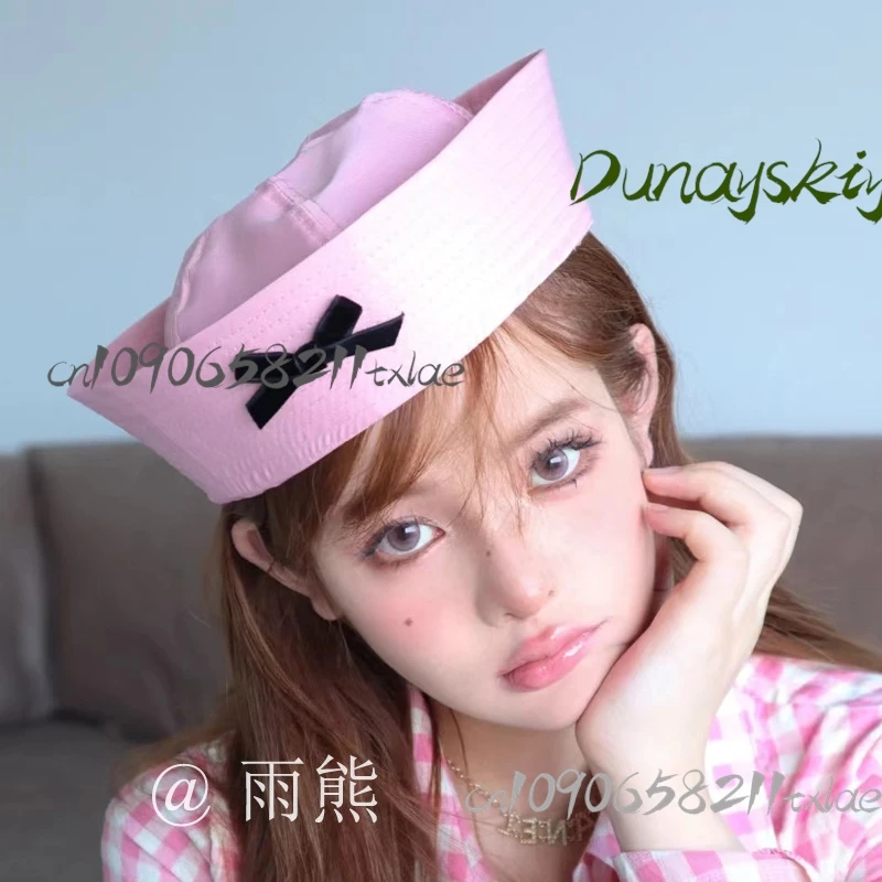 

#@$Pink Sailor Hat with Oversized Bow Korean Style Cute Bucket Hat for Sweet Lolita JK Navy-Inspired Summer Caps cos/Halloween