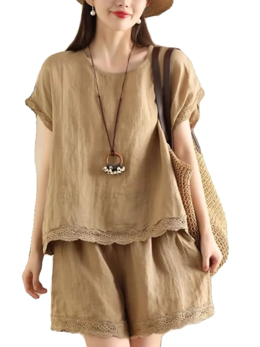 

Высококачественный повседневный комплект из хлопка и льна, женская летняя новая свободная футболка с широкими штанинами, однотонный комплект из двух предметов