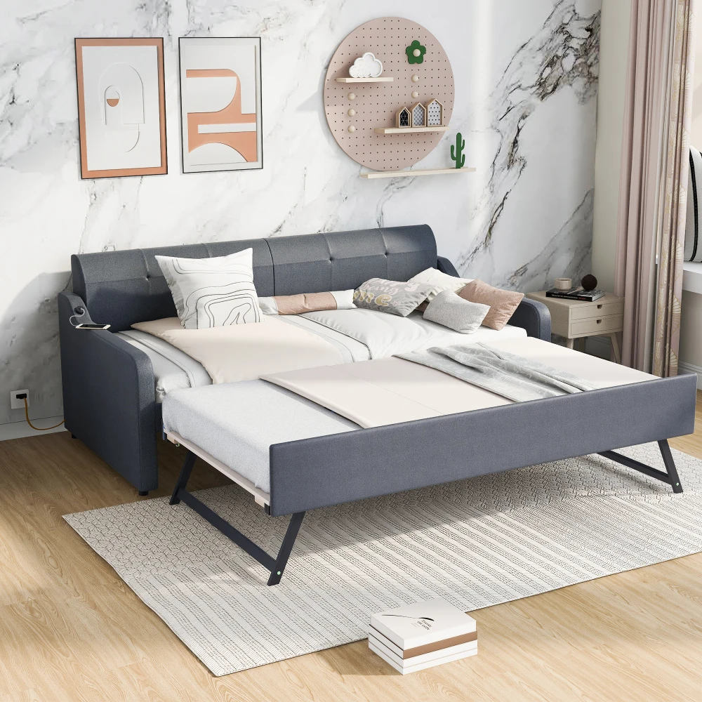 

Twin Size Upholstery Day Bed with Trundle and USB Charging Design Trundle Can Be Flat or Erected Bed Frame Furniture